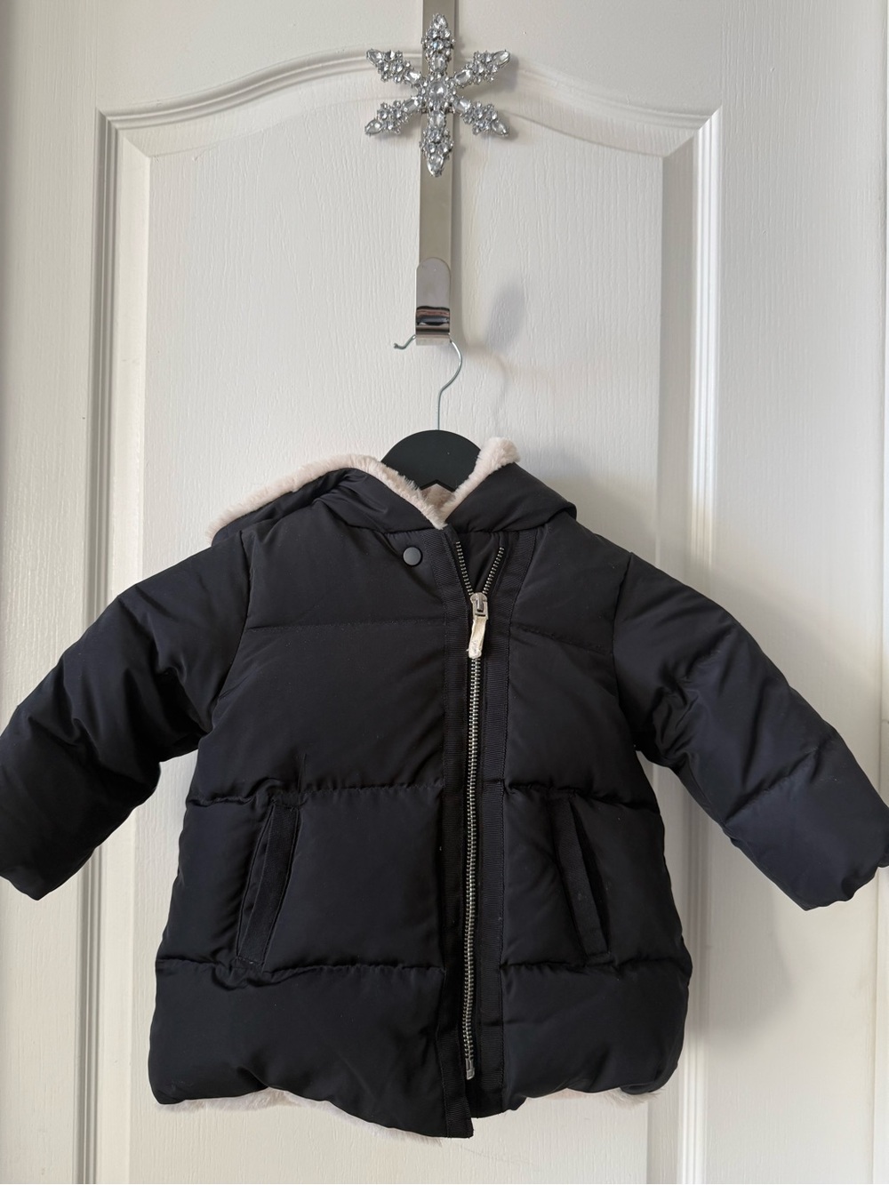Baby Black Hooded Puffer Jacket with Faux Fur Trim (down filled)
